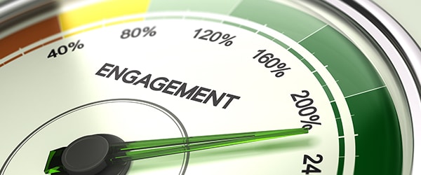 A dial titled "engagement" with the needle above 200% depicting high engagement.